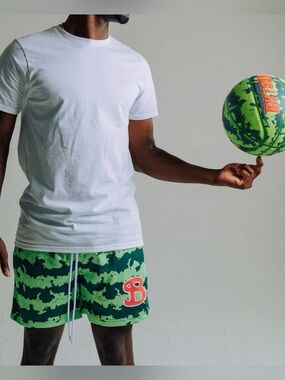 Bucket Squad! Kids Green Camo Athletic Shorts with Red 'B' Accent